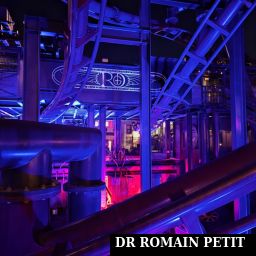 Rails de l'attraction F.L.Y. à Rookburgh de nuit