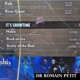 Ecran qui affiche les temps d'attente des attractions, horaires des spectacles et directions pour s'y rendre