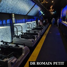 Véhicule stationné dans la gare de l'attraction Crazy Bats